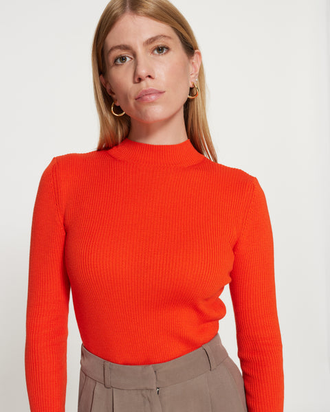 Mona Fine Knit Mock Neck Tangerine Red