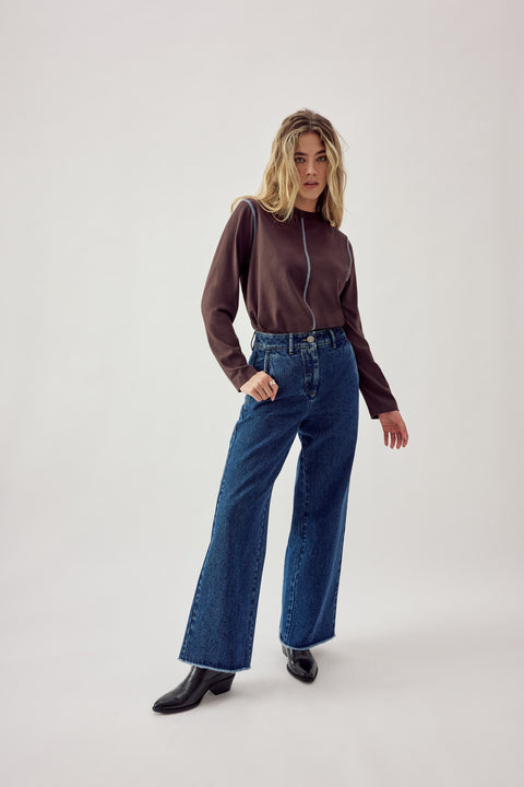 Basic High Waist Wide Leg Jeans Dark Blue Stone Wash