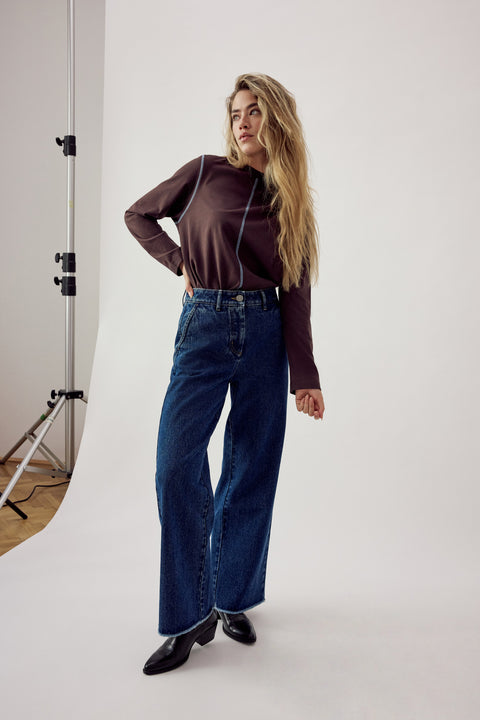 Basic High Waist Wide Leg Jeans Dark Blue Stone Wash