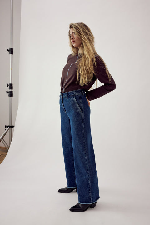 Basic High Waist Wide Leg Jeans Dark Blue Stone Wash