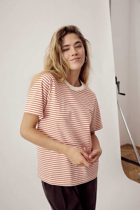 Ida Heavyweight T-Shirt Striped Ecru Orange