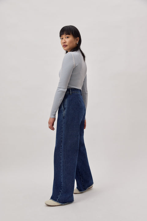 Basic High Waist Wide Leg Jeans Dark Blue Stone Wash