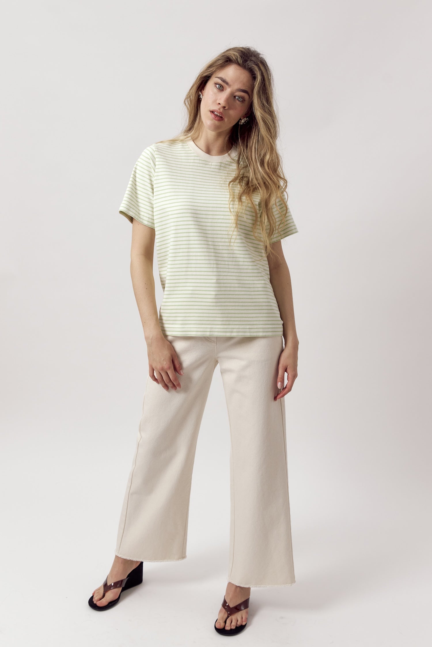 Ida Heavyweight T-Shirt Striped Ecru Lime