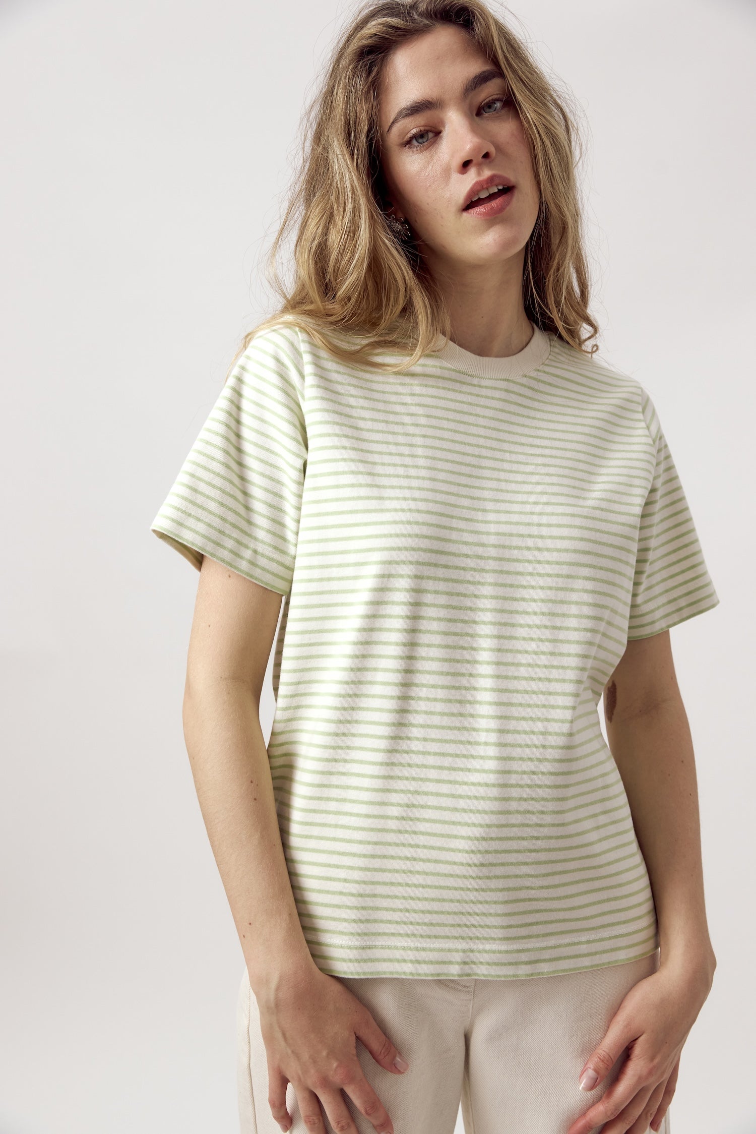 Ida Heavyweight T-Shirt Striped Ecru Lime
