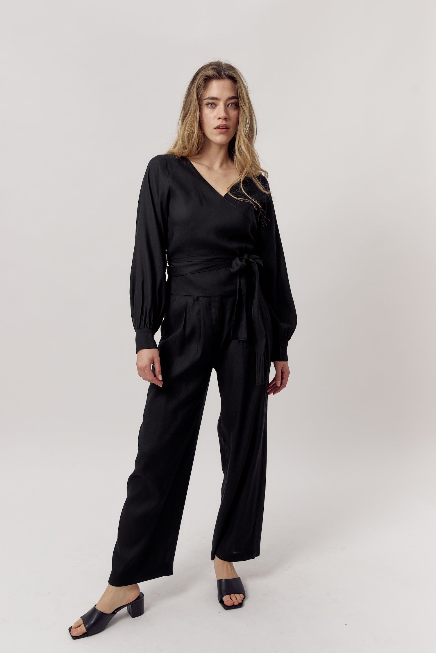 Nada Linen Wrap Blouse Black
