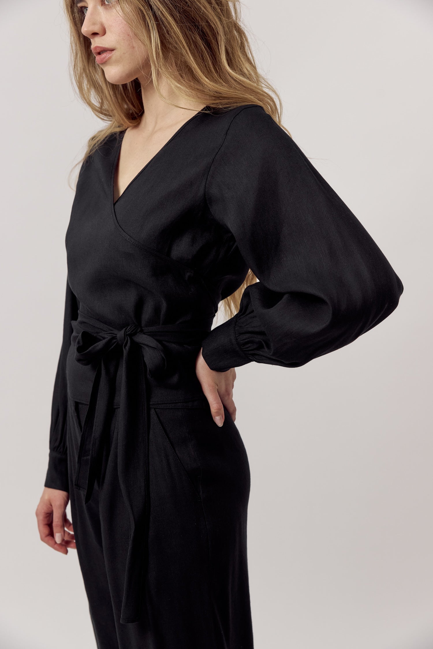 Nada Linen Wrap Blouse Black