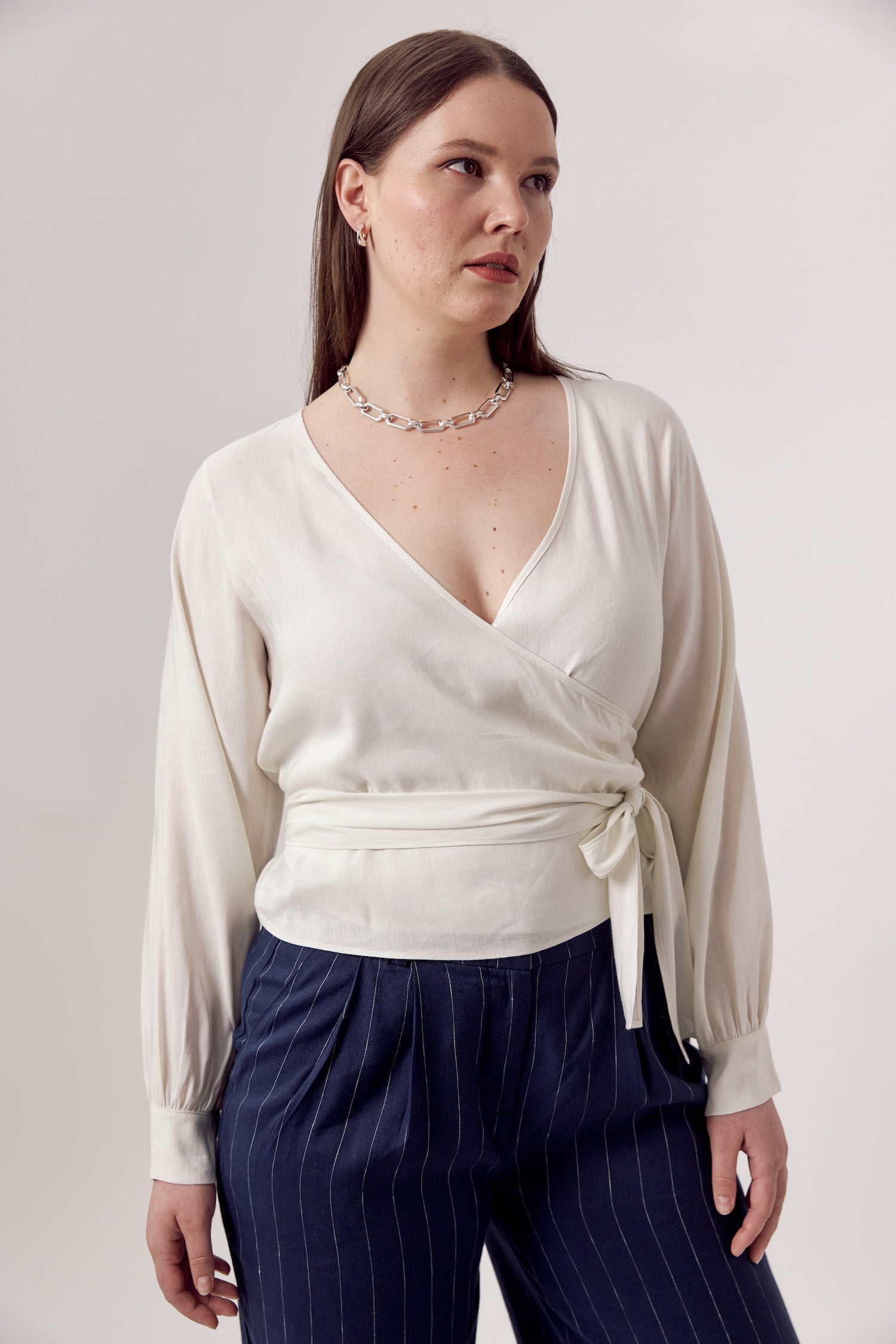 Nada Linen Wrap Blouse Off White