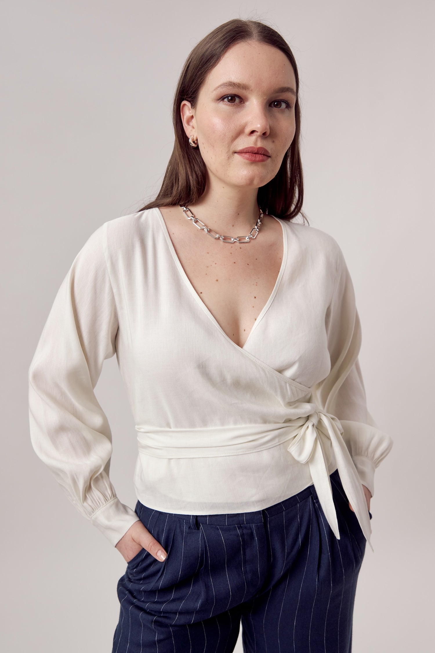 Nada Linen Wrap Blouse Off White