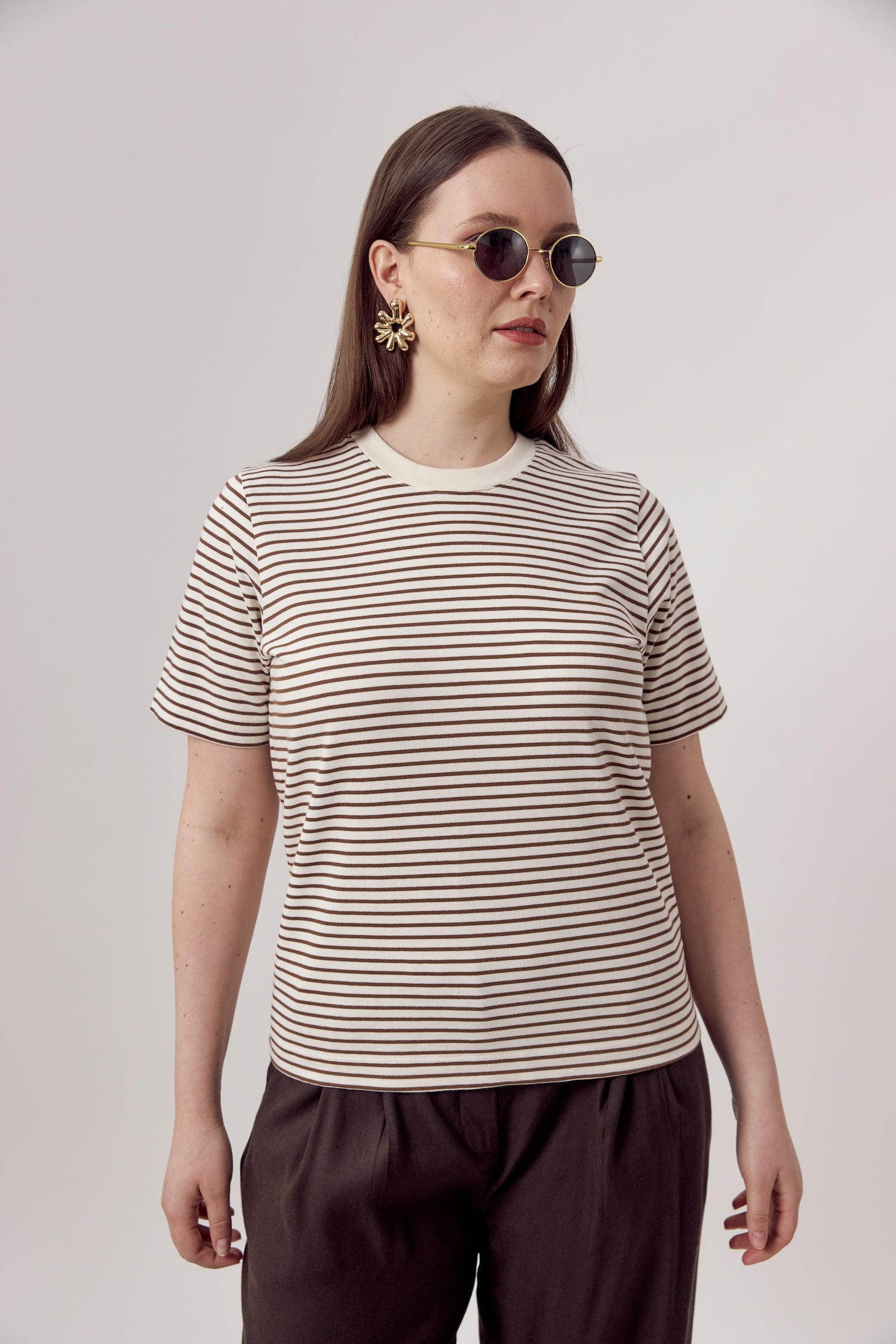 Ida Heavyweight T-Shirt Striped Ecru Brown