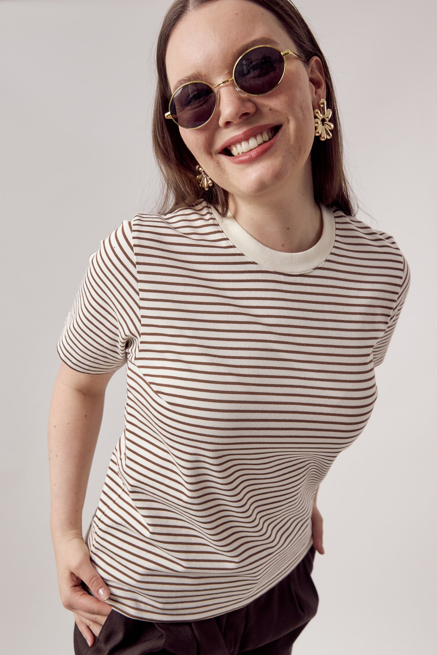 Ida Heavyweight T-Shirt Striped Ecru Brown